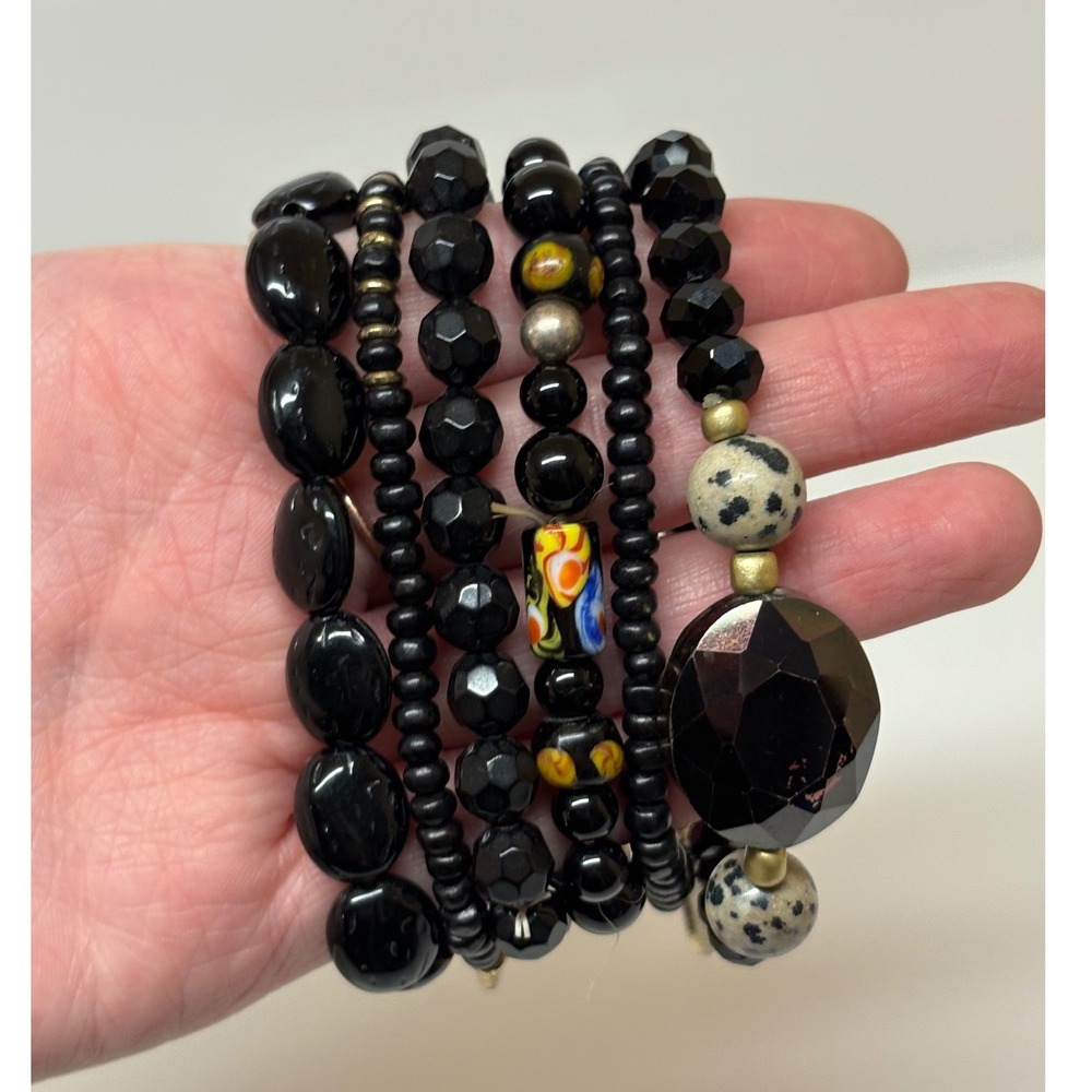 6pc Black Beaded Stretch Bracelet Stack Dalmatian Jasper Gold Coin Charms